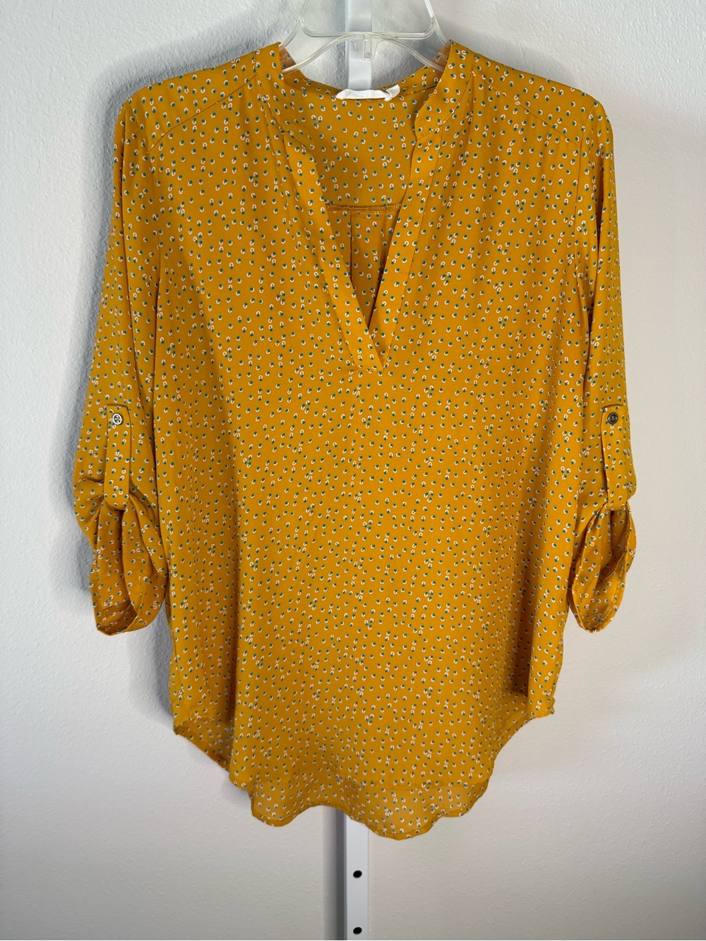 Lush Mustard Yellow V-Neck Roll-Sleeve Blouse